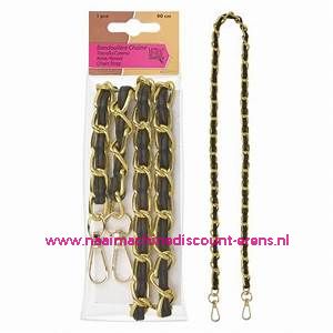 Handvat "MEDIAC" luxe zwart leer met gouden ketting 120 cm